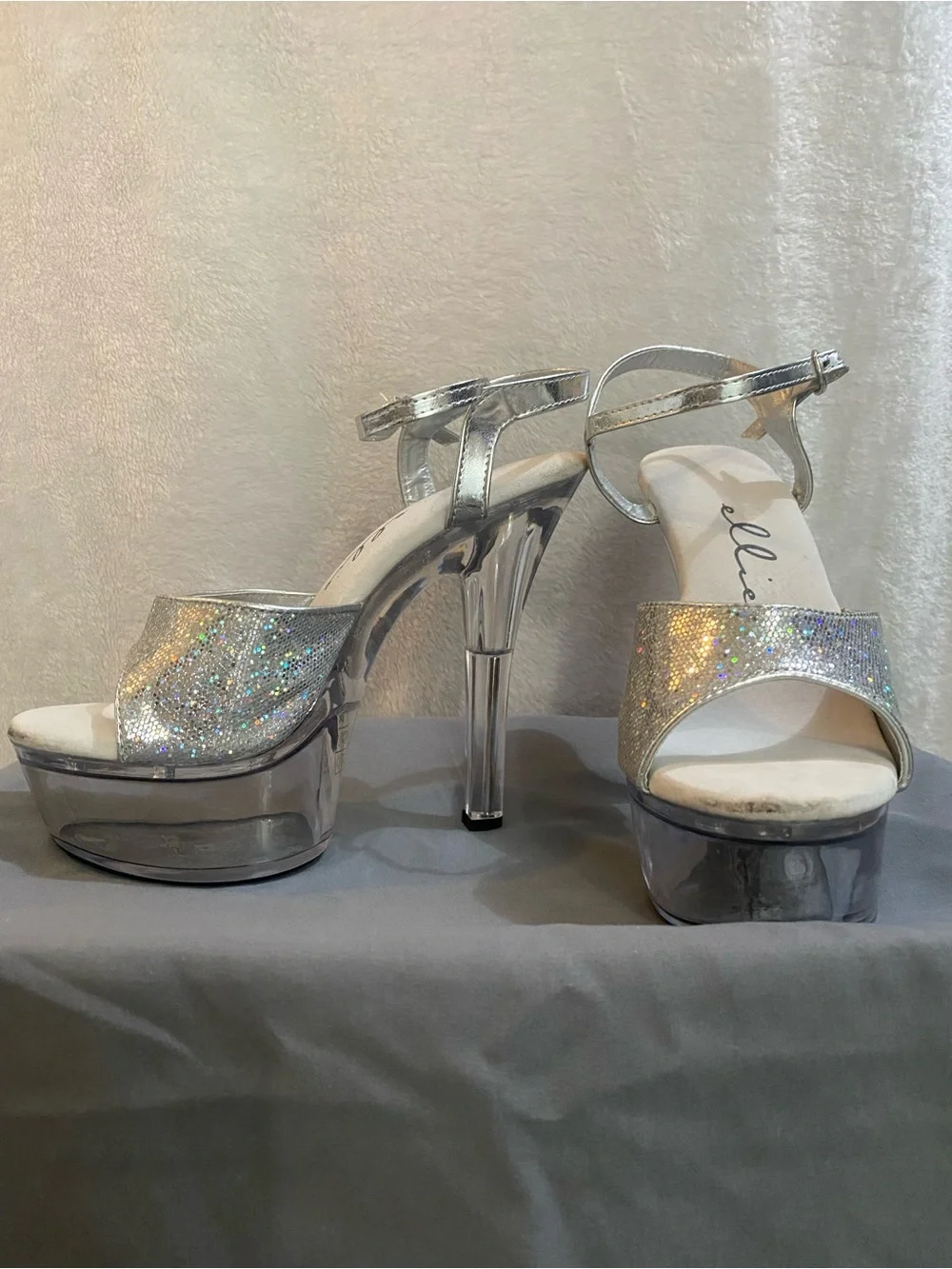 Ellie Holographic Silver Platform Sandals with Ankle Strap